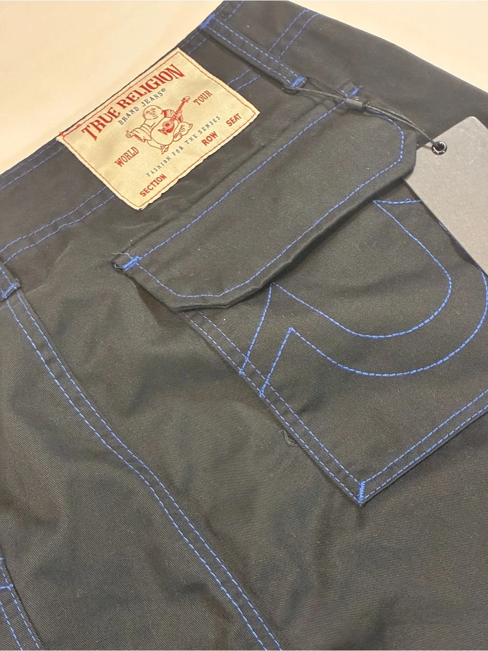 True Religion Black Cargo Pants with Blue Contrast Stitching